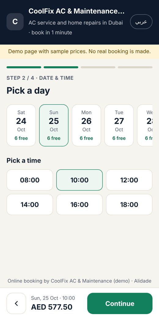 AC and maintenance booking page: pick a day and time